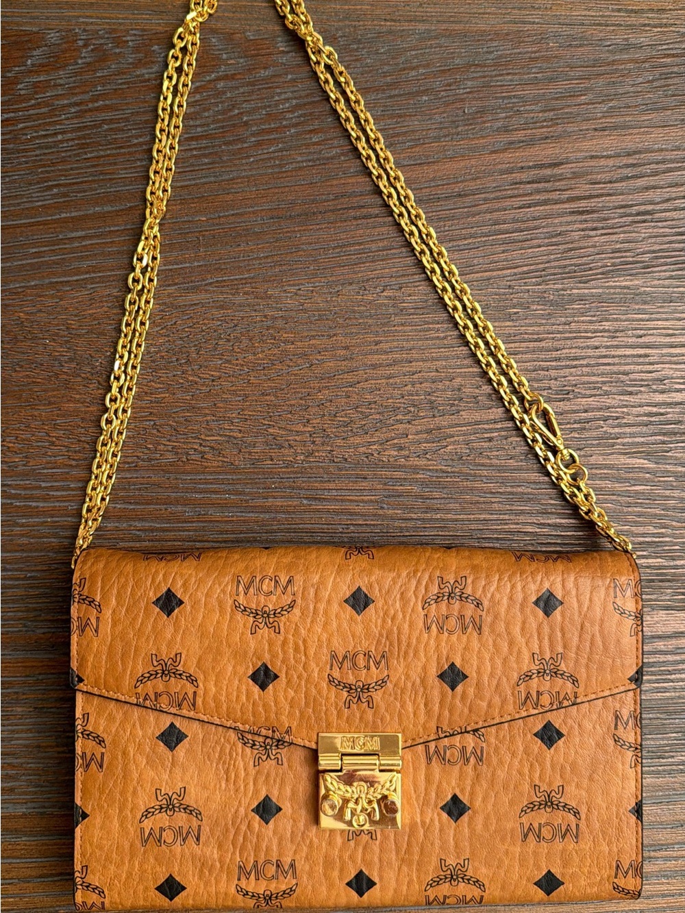 MCM Cognac Visetos Monogram Crossbody with Gold Chain